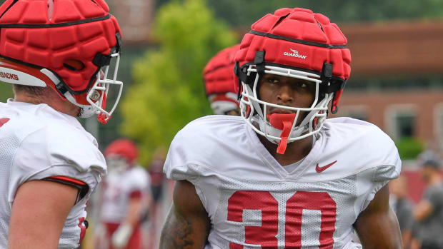 North Texas transfer Var'keyes Gumms goes through preseason workouts with the Arkansas Razorbacks.